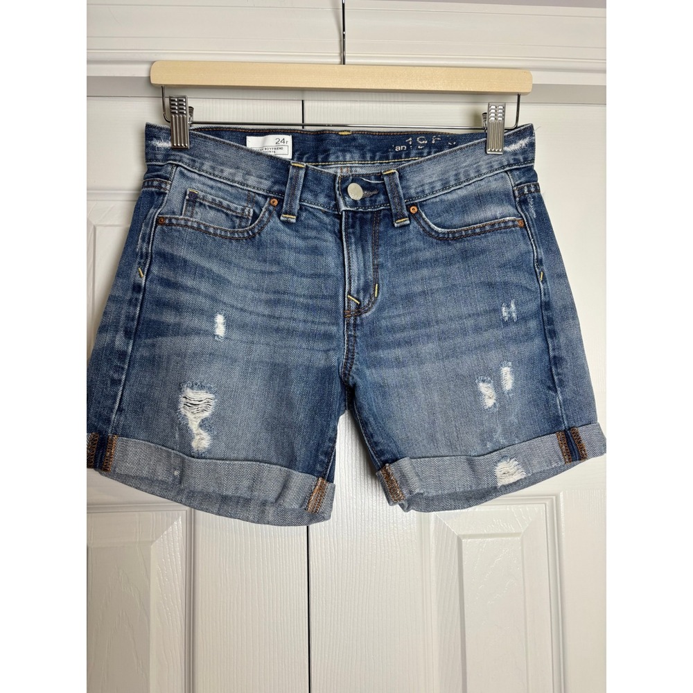 Gap 1969 Sexy Boyfriend Denim Shorts Size 24 Distressed Cuffed Raft Wash Indigo